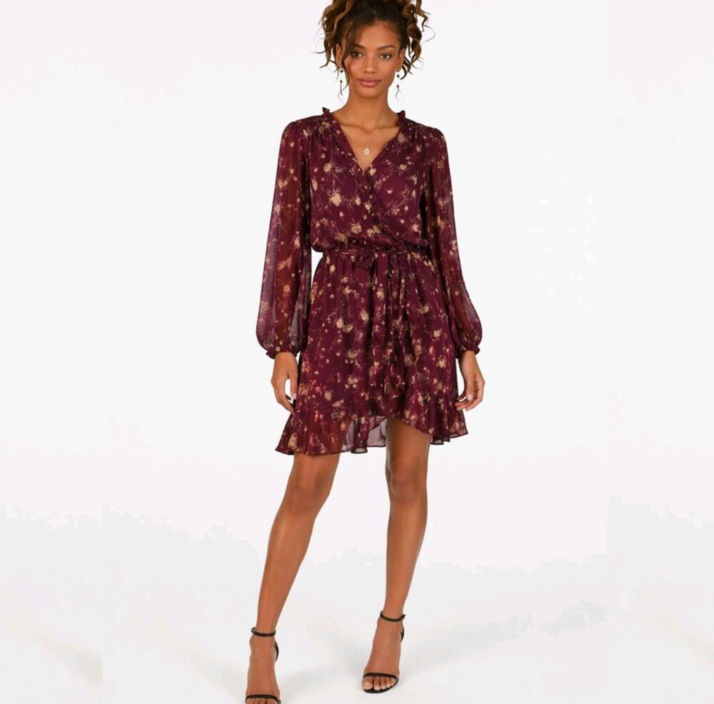 Max Studio Maroon Burgundy Floral Belted Wrap Dress Ruffles Size L Feminine Boho
